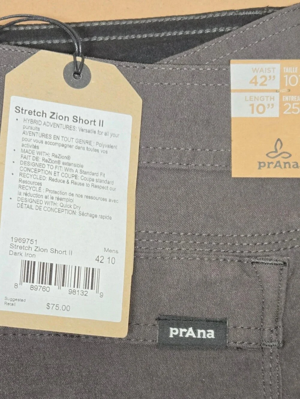 NEW $75 Prana Stretch Zion II Shorts Men’s Size 42x10 Gray Cargo Hiking Hybrid